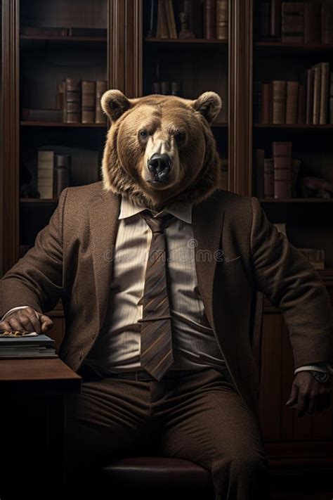 A Bear In A Suit Sitting At A Desk With His Arms Spread Stock Photo