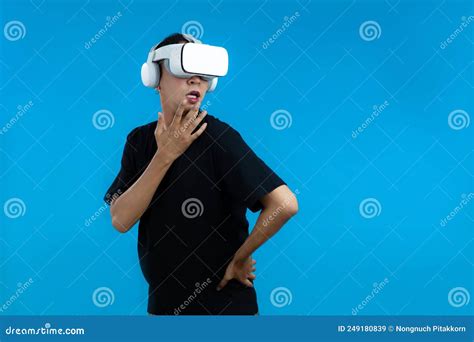 Asian Gay In Vr Glasses Posing Isolated Blue Background Pride Lgbtq