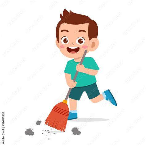 Happy Cute Little Kid Boy Sweeping Floor Stock Vector Adobe Stock