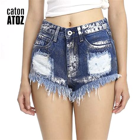 Catonatoz 2224 Women S Distressed Denim Shorts Vintage Painted Fringe Pleated Loose High Waist