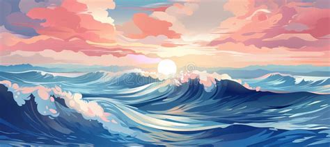 Stunning Artistic Illustration Of Serene Tranquil Beach In Retro Wave