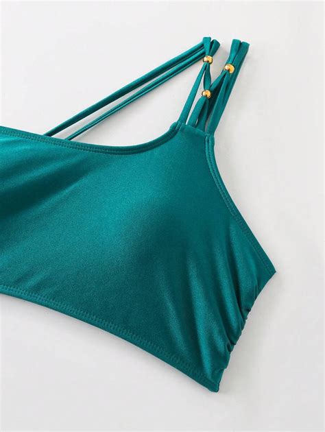 Women Shiny Fabric Bikini Swimwear Set Elegant One Shoulder High Waist Braided Beaded