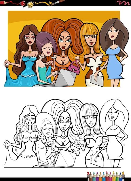 Coloriage De Groupe De Belles Femmes Comiques Vecteur Premium