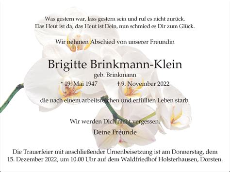 Traueranzeigen Von Brigitte Brinkmann Klein Sich Erinnern De