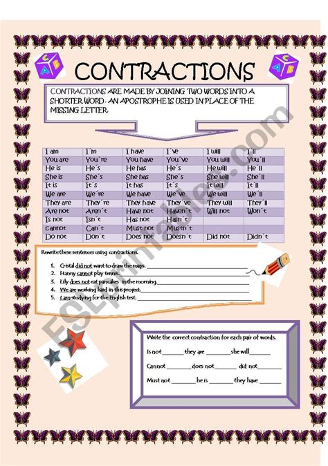 Contractions Exercises Free Printable Contractions Esl Worksheets The