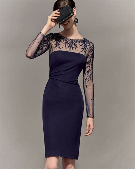 David Meister Long Sleeve Jersey Illusion Cocktail Dress Dark Navy