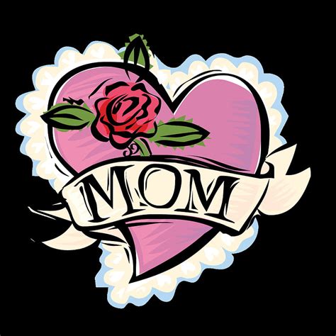 Word Mom Tattoo Style Lettering On Heart Shape Isolated On White - Clip ...