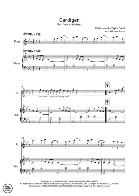 Cardigan By Taylor Swift - Flute And Piano By Taylor Swift - Digital Sheet Music For Score,Set ...