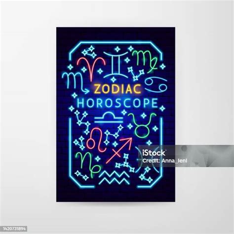 Zodiac Horoscope Neon Flyer Stock Illustration Download Image Now Aquarius Astrology Sign