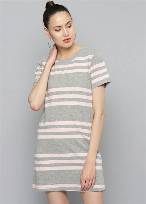 Get Contrast Stripes Grey T Shirt Dress At Lbb Shop