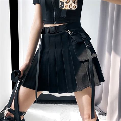 Cargo Pocket Ribbon Strap Sexy High Waist Pleated Solid Black Plaid