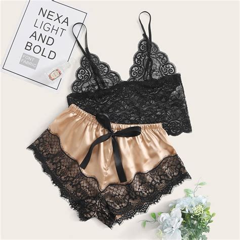 Sexy Floral Lace Bralette With Satin Shorts Lingerie Set Td Mercado