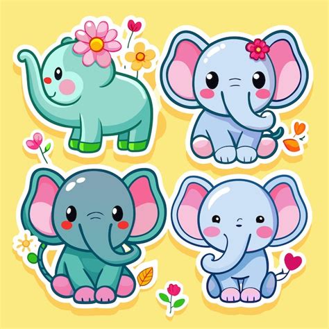 Cute Baby Elephants Stickers With Flowers Premium AI Generated Vector