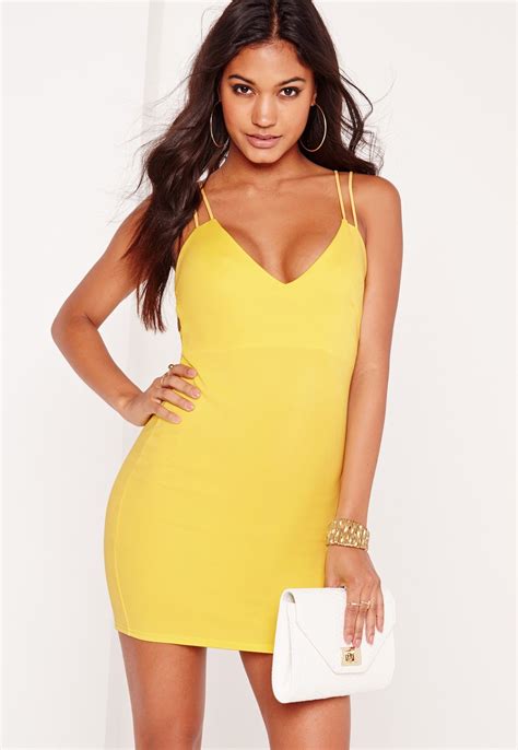 Missguided Strappy Scuba Bodycon Dress Yellow Bodycon Dress Plunge