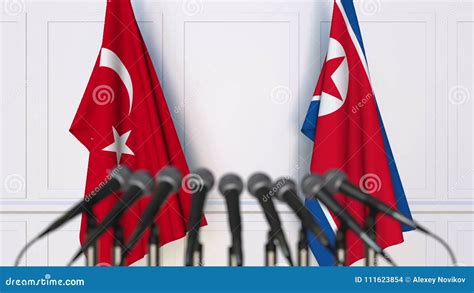 Flags Of Turkey And North Korea At International Meeting Or Conference