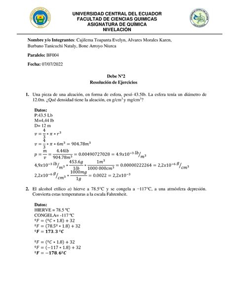 Ejercicios EN Grupo G2 BF004 FACULTAD DE CIENCIAS QUIMICAS ASIGNATURA