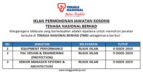 Permohonan Jawatan Kosong Di Tenaga Nasional Berhad Tnb Dibuka