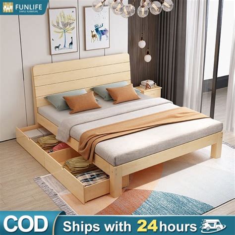 Bed Frame With Drawers Double Solid Wood Bed Frame Nordic Simple Wooden ...