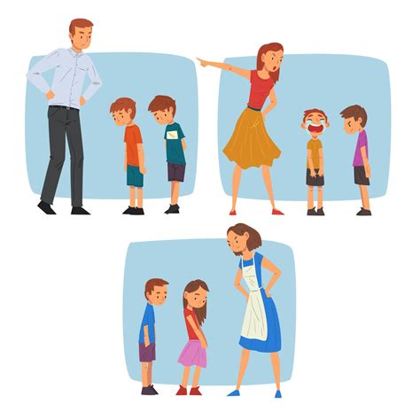 parents scolding naughty boys set mothers  fathers chastening