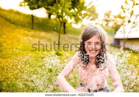 Girl Bikini Sitting Sprinkler Summer Garden Stock Photo 422373331