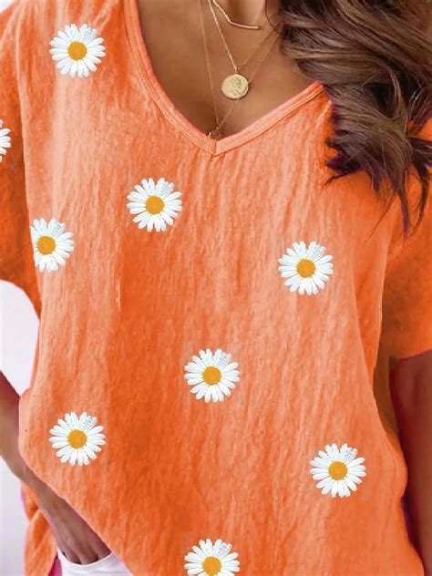 Women S Casual Daisy Floral V Neck Loose Short Sleeve Summer T Shirt