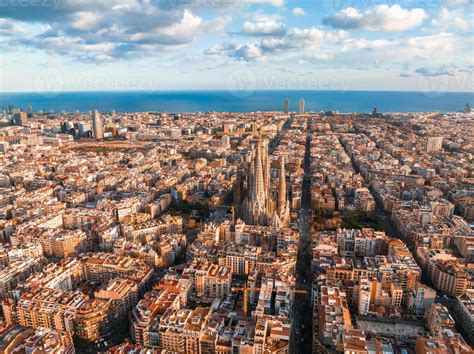 Aerial view of Barcelona City Skyline and Sagrada Familia Cathedral at ...