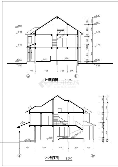 某二层带阁楼层框架结构现代风格小康别墅设计cad全套建施图（标注详细）框架结构土木在线