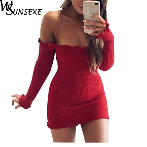 Ruffles Knitted Women Dress Off Shoulder Knit Dress Sexy Slash Neck