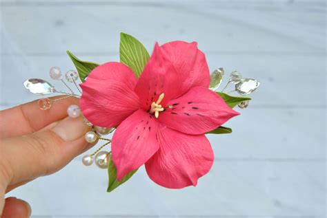 Hot Pink Lily Crystal Hair Clip Hawaiian Bridal Flower Hair Etsy