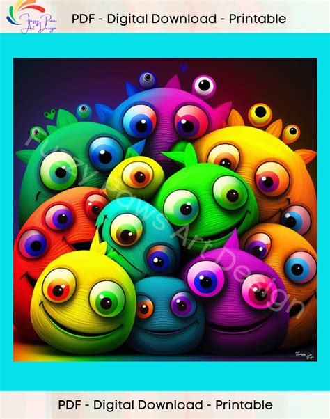 5 Images Googly-eyes Creatures in Rainbow Colors Silly, Fun, Kids, Children Wall Art Digital ...