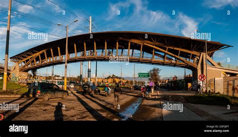 Guadua Bridge Jeny Garzón, Guadua wood pedestrian bridge over Calle 80, Bogota Colombia August ...