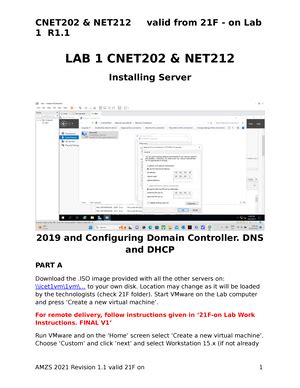 LAB 1 CNET202 Lab 01 1 R1 LAB 1 CNET202 NET Installing Server