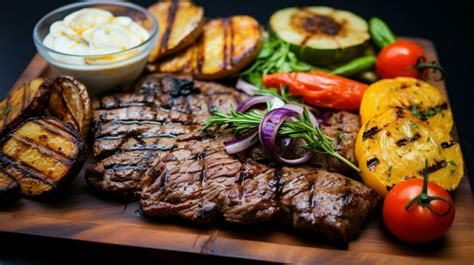 Grilled Meat And Vegetable Plate A Gourmet Lunch Stock Photo