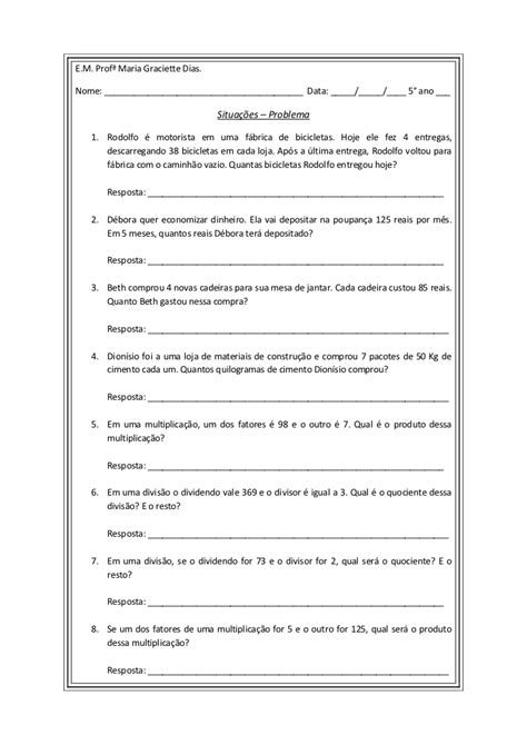 Situações Problema Multiplicação E Divisão 5 Ano Atividades De