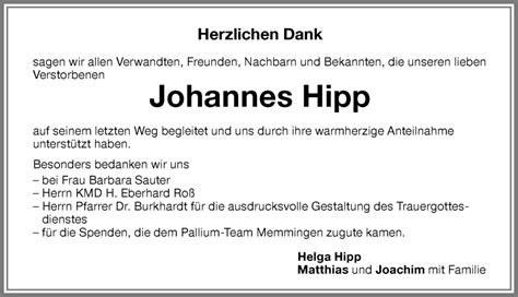 Traueranzeigen Von Johannes Hipp Allg Uer Zeitung