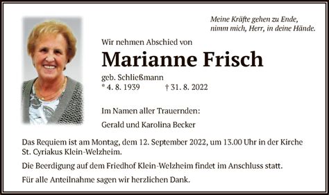 Traueranzeigen Von Marianne Frisch Trauer Op Online De