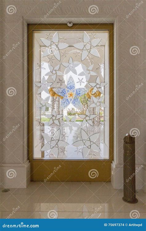 Sheikh Zayed Mosque Glass Door With Arabic Geometry Decoration The Great Marble Grand Mosque At