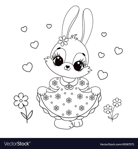 Cute bunny girl in a dress black and white linear Vector Image