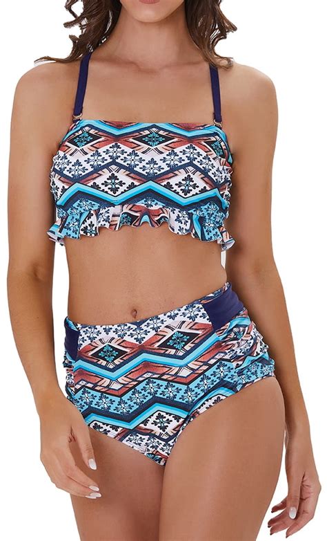 Liora Womens Bikini Sets Ruffle Flounce Bandeau High Waisted Bikinis For Women With Back Criss