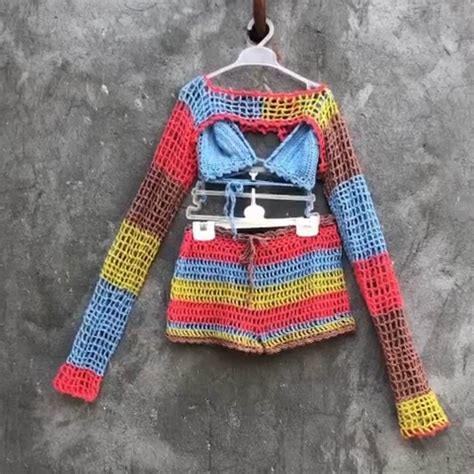 Beach Festival Outfit Crochet 3 Piece Bikini Set Bra Shorts And Long Sleeve Crop Top Color Block