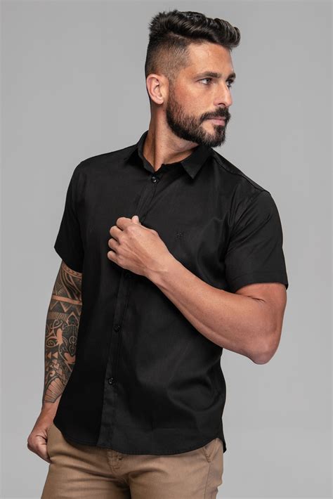 Camisa Social Masculina Preta Manga Curta Elastano