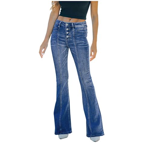 Apexfwdt Womens Button Fly Bell Bottom Bootcut Jeans Ripped Flared Denim Pants High Waisted