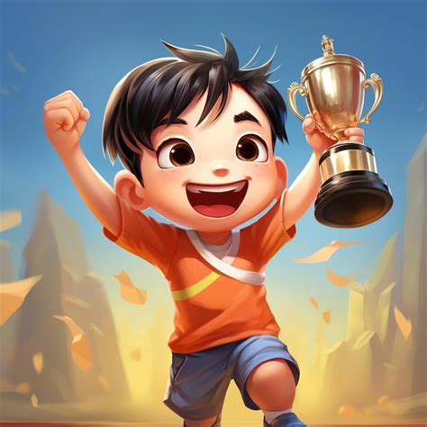 Personaje De Dibujos Animados Sosteniendo Un Trofeo De Oro Ganador En