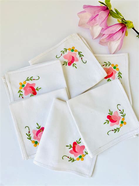 Set Of Vintage Embroidered Floral Cloth Napkins