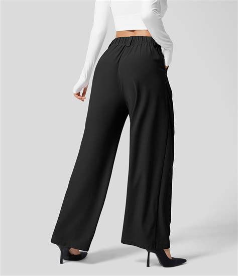 Womens High Waisted Plicated Side Pocket Wide Leg Waffle Casual Pants