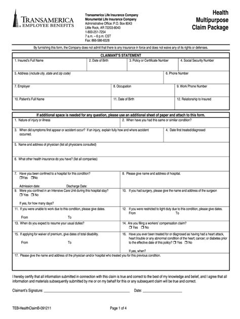 Fillable Online Transamerica Accident Claim Form Pdf Mark III