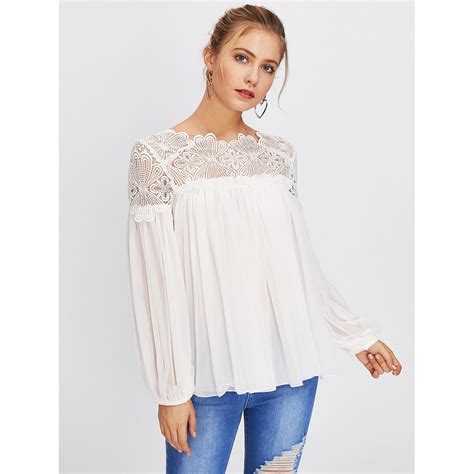 Guipure Lace Yoke Semi Sheer Smock Top Blusas Bonitas Vestidos Para