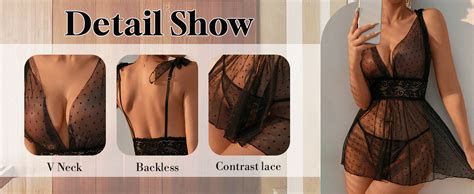 Amazon OYOANGLE Women S 2 Piece Polka Dots Lace Sheer Mesh V Neck Babydoll Teddy Lingerie