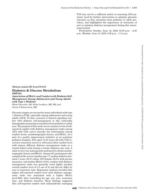 Pdf Odp163 Association Of Hba1c And Comfort With Diabetes Self Management Among Adolescents