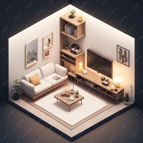 Premium Photo Tiny Cute Isometric Livingroom With Soft Smooth